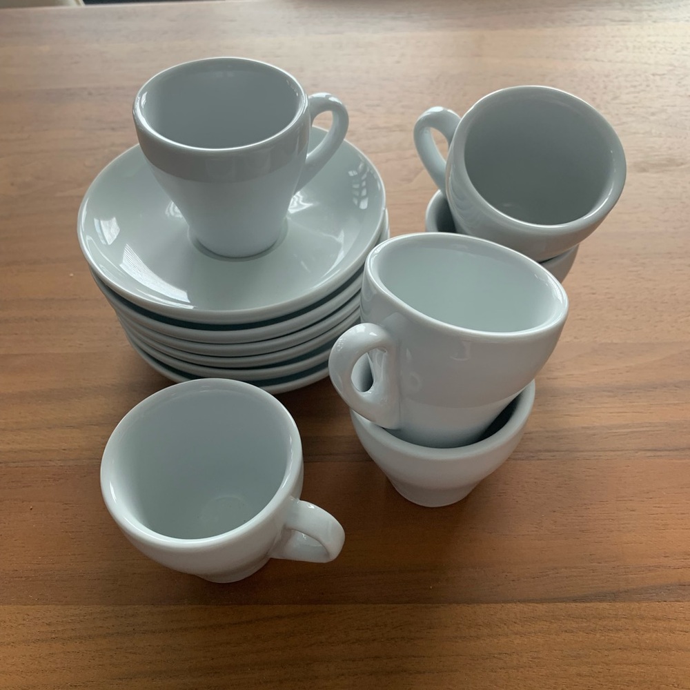 Set of 6 White Porcelain Espresso Cups & Saucers. Perfect condition.